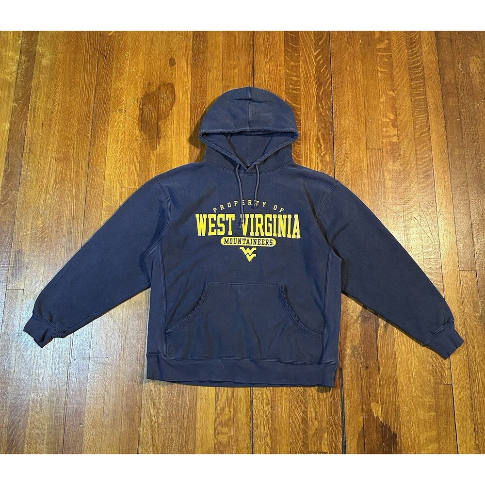 Vtg Y2K West Virginia Mountaineers Hoodie Large Jansport Reverse Weave Thrashed